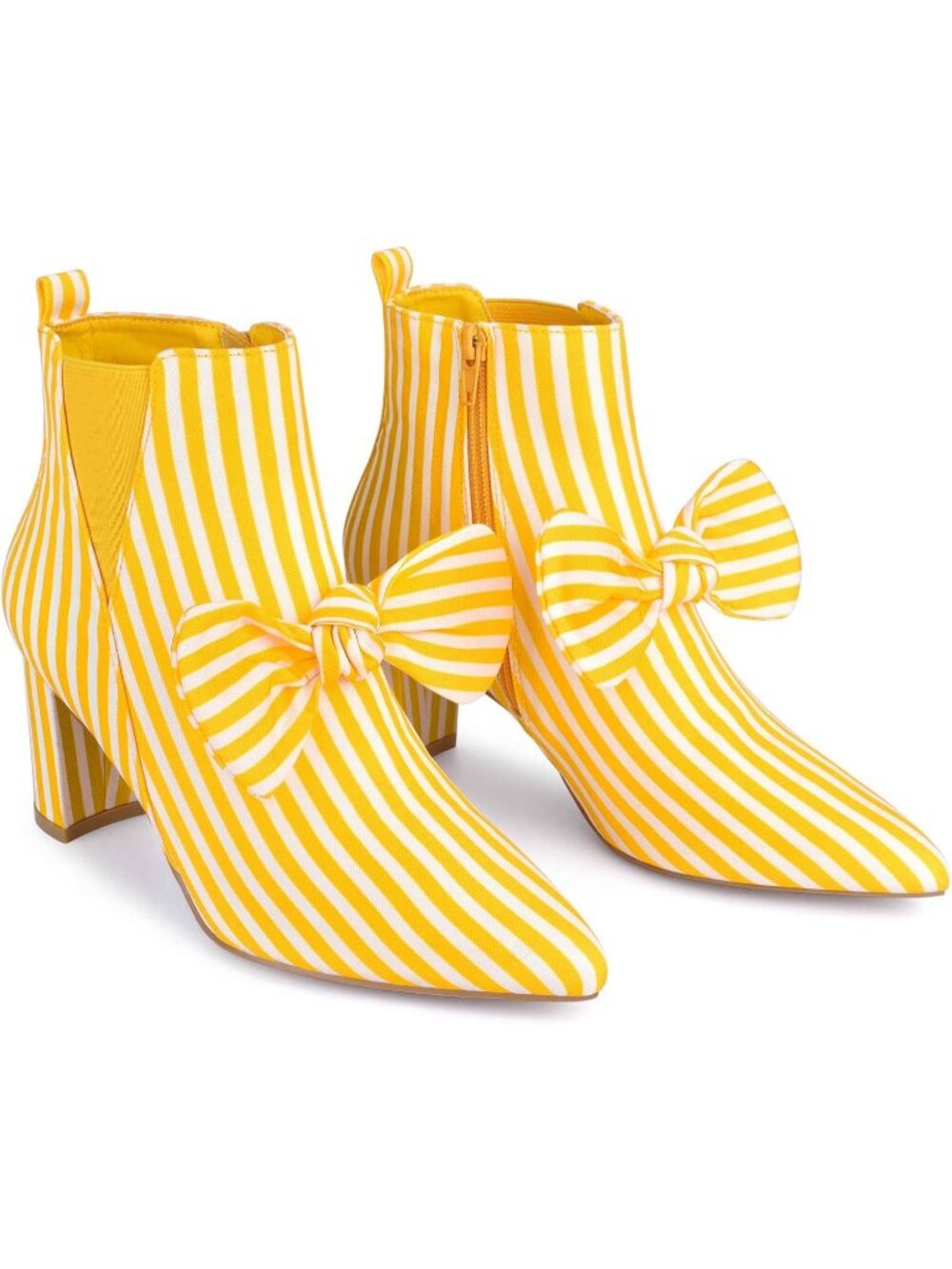 Women's Yellow Fashionable Bow Stripe Pointed Toe Chunky Heels Ankle Boots